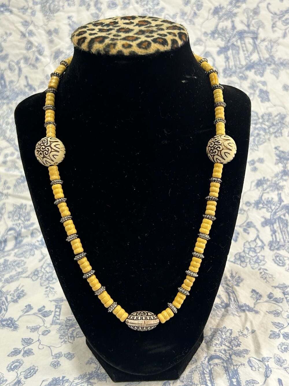 Vintage Hand-Carved Bone and Wood Bead Necklace with Oxidized Silver Accent Spac